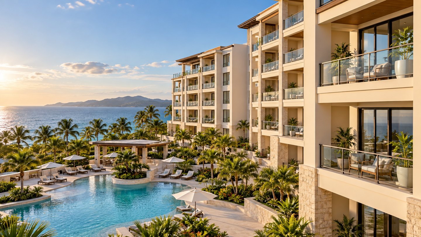 Coastal condominium hotel with balconies and a landscaped pool