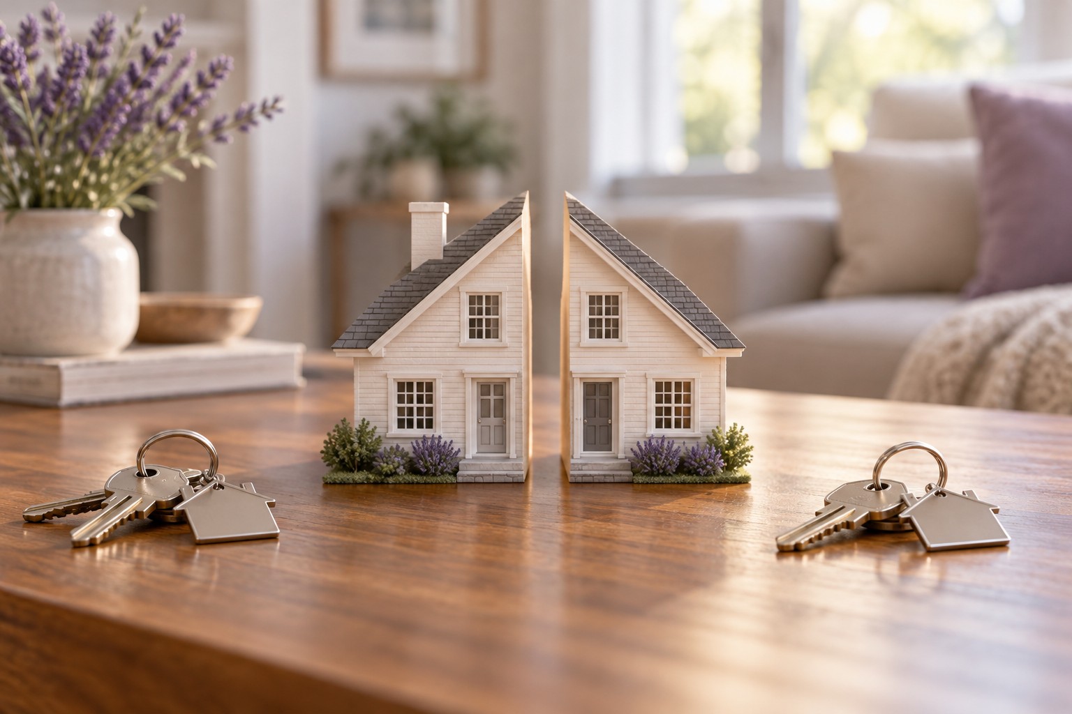 A model house separated into two halves with keys on either side, symbolizing divided home equity