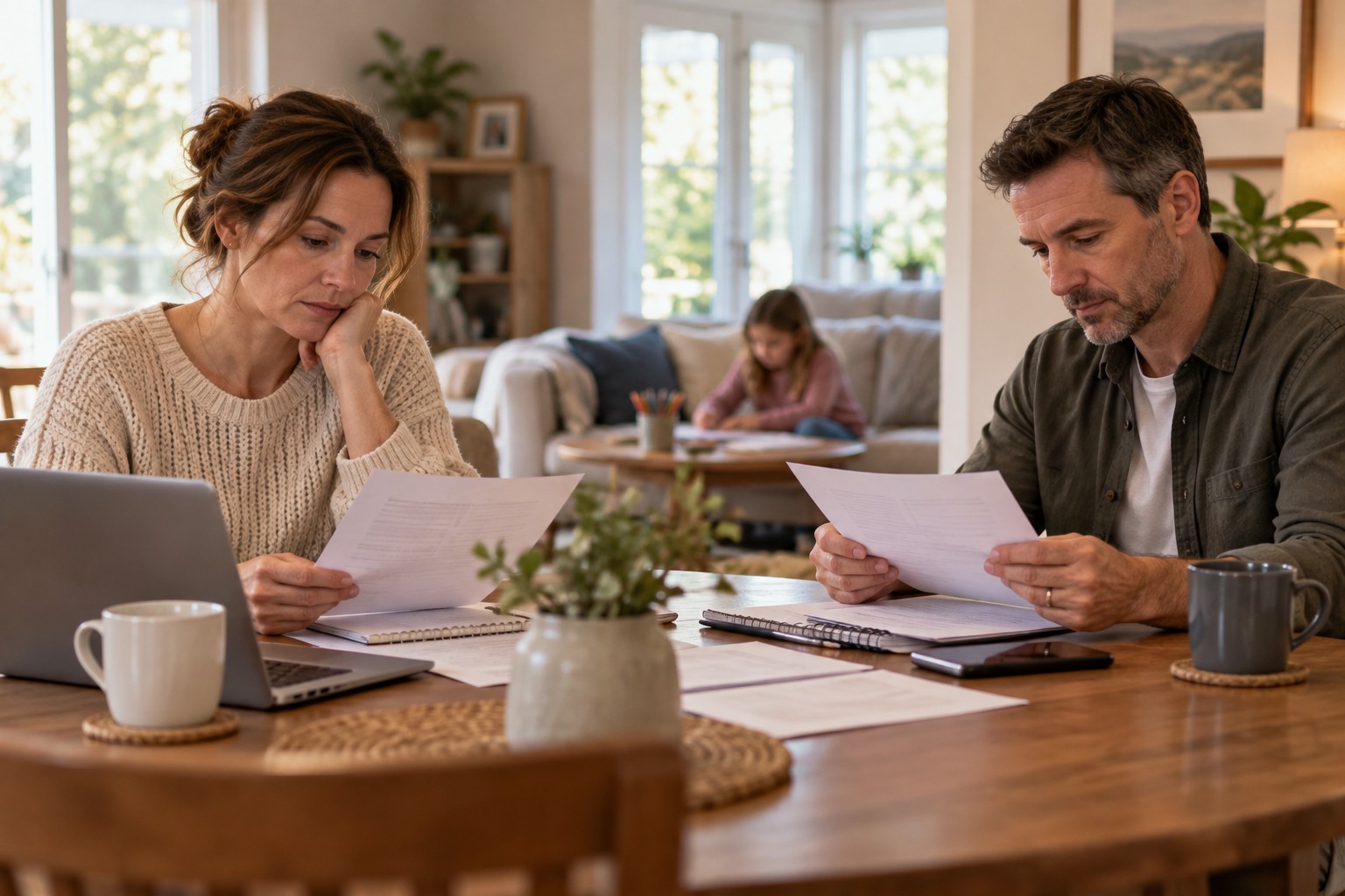 Separating parents reviewing paperwork at home while their child draws nearby