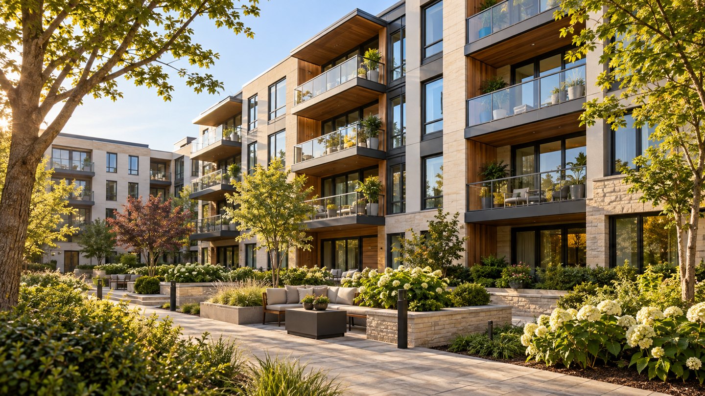 Modern condominium building with balconies and landscaped grounds